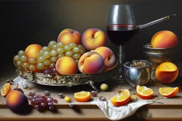 Create a masterpiece an oil painting on cracked canvas: of a Gleaming melting chrome serving tray with spent wine, partially decayed grapes, peaches, oranges, lemon's, walnuts, discarded dry stale bread and mouldy cheese, cloth draped over an old wooden ultra textured table, ultra-realistic portrayal, 8k resolution, rich cool tones, intricate textures, reflections, flawlessly polished exteriors, rule of thirds futuristic concept art of a still life Masterpiece. Modifiers: trending on Artstation