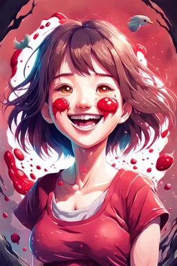 A detailed illustration Anime girl smiling crushed inside really darkred fleshy stomach filled with digestive juices, t-shirt design, in the style of Studio Ghibli, pastel tetradic colors, 3D vector art, cute and quirky, fantasy art, watercolor effect, bokeh, Adobe Illustrator, hand-drawn, digital painting, low-poly, soft lighting, bird's-eye view, isometric style, retro aesthetic, focused on the character, 4K resolution, photorealistic rendering, using Cinema 4D, vector logo, vector art,