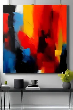 Create a cohesive easy to replicate painting that uses the colors red, orange, yellow, blue, black. Make it modern abstract