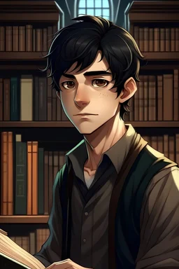 A magical character black hair 21 years old possessing wisdom and deep thinking in library as he gazes at the camera.2d