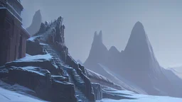 Rising before you is a six-hundred-foot-tall mountain of glacial ice, its peak carved to resemble a gigantic skull wearing a crown. Weaving up the mountain's southern slope are enormous stairs hewn from the ice. These steps, which extend from the base of the mountain to the base of the fortress, were clearly made for giants.