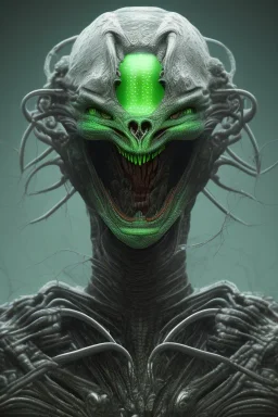 green alien, head, evil, black eyes, big silver teeth, weapons, blood, 8k, finely detailed, photo realistic, HR Giger style