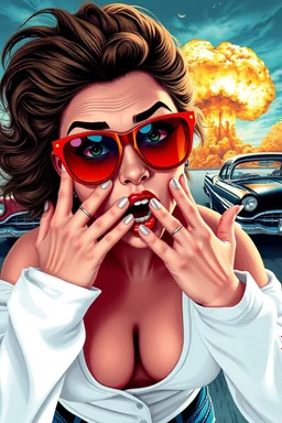 an young woman leaning forward(cropped tightly from between nose and stomach, white top with wide neck opening, cleavage, hands at face with surprised expression, home alone scream, wavy hair, large cheep colorful sunglasses, gloss lips), nuclear explosion and classic Cars in background, greaser, digital painted illustration