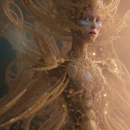 machine architecturally awakened with mystical alchemical circuitry flowing from her, intricately detailed ornate baroque crystals, delicate metallic surfaces, baroque engraving, highly detailed, magical aesthetic, magical light, 8k ultra realistic, unreal engine, octane render, directed by moebius elden ring, david bowie