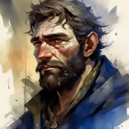 dnd, fantasy, watercolour, large strokes, stylistic, dull colors, portrait, illustration, male, face, weathered face, sly, violent, evil, vigorous, rogue, criminal