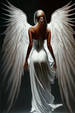 full body woman angel from back wings coming from her back, angel wearing long tunic hyper realistic