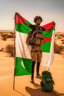 Al-Fanah in the middle of the African desert wearing an Algerian flag and a sophisticated backpack