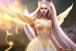 beautiful, very soft, smiling, very straight and long blonde hair, dewy and shiny vibe, diamond crown, long fairy wings in the back, full head, golden veil clothes, smiling, bachground lights pink and blue