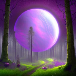 rainy forest with a purple planet over the land