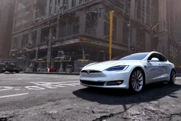 A Tesla 'Model S' is parked, inside the 'Yankee Stadium' in Manhattan. (CINEMATIC, WIDE ANGLE LENS, PHOTO REAL)