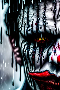 ultra detailed and highly realistic image of a gothic, scary clown, close up of him standing in the rain, the rain messed up his face makeup as it smudged of his face, chaotic, dramatic upclose view, 32k, splatter paint style