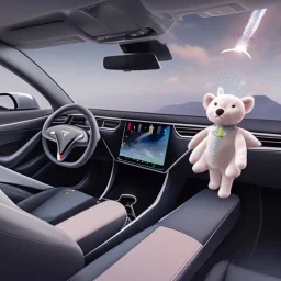 A Tesla Model 3 flying in outer space with a stuffed animal in the driver’s seat