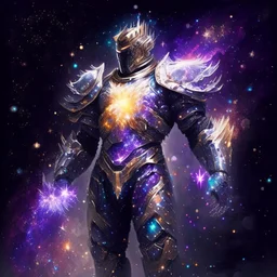 A battle suit made of galaxies and stars with a glove that has seven endless stones Battle armor from the extract of galaxies Battle armor from the extract of galaxies with a fiery sword ,God-like man with ,infinite power who owns the galaxies and wears a beautiful crown,The Lord of the Galaxies with an unending force in absolute power