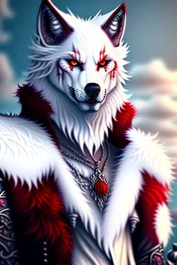 Feral, White fur, Werewolf, Red eyes, character, waist up portrait, oil on canvas, expert, insanely detailed, 4k resolution, cinematic smooth, intricate detail,