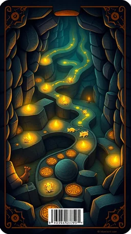 dark "Card back featuring a mystical dungeon maze design with glowing trails, tiny cartoon rats exploring paths, whimsical fantasy vibe, glowing runes, vibrant and colorful, symmetrical layout, polished illustration style."