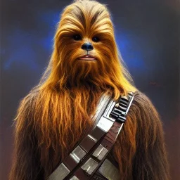 photorealistic and intricate portrait of chewbacca in star wars by Jules Bastien-Lepage, in beskar armor, deep dark colors, hyperdetailed, 32K, oil on canvas,