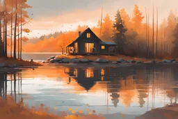Near the Cross, looking out window, modern, autumn, golden hour, forest cabin, lake, reflections, peaceful, at dawn by atey ghailan, A soft-focus image of morning casting a warm glow, created in inkwash and watercolor, art style of Olivier Coipel, HACCAN, illustrator 由良 Yura, 山田章博 Yamada Akihiro, 四々九 Yoshiku, GANMO＃, highly detailed, gritty textures,