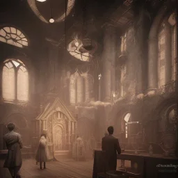 on old church interior full with people, scary, steam punk, realistic, made in octane, cinematic, ultra-realistic, extremely detailed octane rendering, 8K, VRAY Super Real ar 2:3, dof photorealistic futuristic 50mm lens hard lighting dark gray tintype photograph, realistic lighting, sepia color