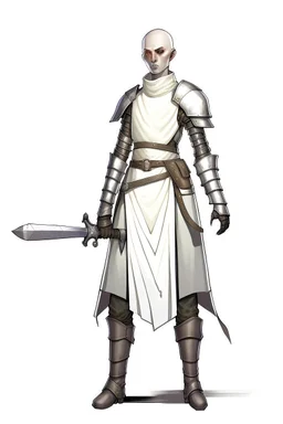 full length, tall 22-year old, shaved head, grey-eyed female cleric with a wearing scale mail