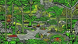 An olive green jungle with a river designed in Navajo baskets painted by Keith Haring