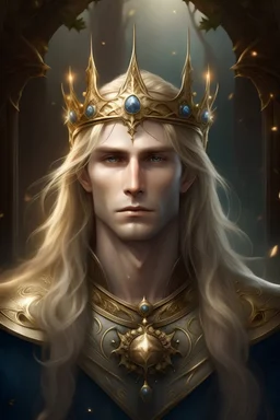Celestial fantasy prince with blond long hair wearing a crown of thorns
