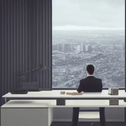 man sitting at his desk wearing a suit in an office, beautiful view of the city from his window, dramatic, dramatic lighting, volumetric lighting, hyperrealism, 8k, high quality, photorealistic, lot of details