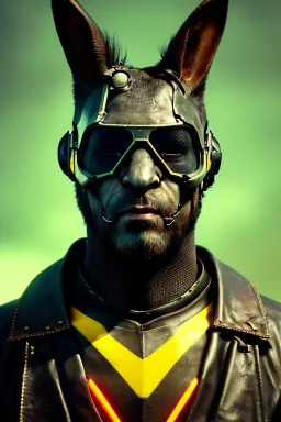 Medium Close Up Portrait, Front image. cyberpunk, rabbit mask, british man, black hair and beard. latex suit army. Red, yellow, color. Mad max style. Color background, photo studio. Avatar image, highly detailed, concept art, smooth, unreal engine 5, ray tracing, RTX, lumen lighting, ultra detail, volumetric lighting, 3d, finely drawn, high definition, high resolution.