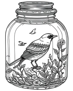 bird life in jar minimalistic, line art, background, vector, svg, coloring book page style, black outline on white background