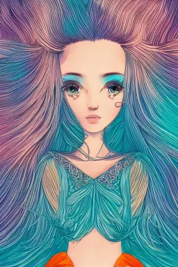 isometric clean art of super beautiful lady, soft lighting, soft pastel gradients, shin hanga high definition, blender 3d, beautiful, long hair, silver filigree hair, metallic orange and teal dress, slitted eyes, pointed ears, volumetric photorealistic rainbow gouache background