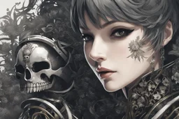 Beautiful girl with skull in her face in 8k nier automata artstyle, anime them, hollow knight Custom, close picture, rain, fantasy world, intricate details, highly detailed, high details, detailed portrait, masterpiece,ultra detailed, ultra quality