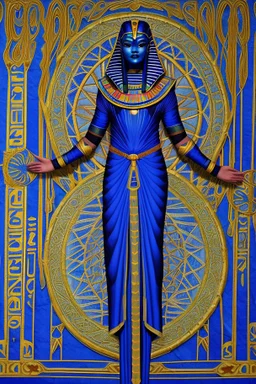 [ancien Egypt, real photography] Clad in a robe of deep cobalt blue, Akkiru's attire seemed to meld seamlessly with the boundless expanse around him. The fabric, adorned with motifs that echoed the rhythmic dance of waves, flowed gracefully in the wind. As he gripped the ship's ornate railing, his fingers - calloused by the duties of leadership - clung with a practiced firmness, a testament to his unwavering grip on the helm of his people's destiny.