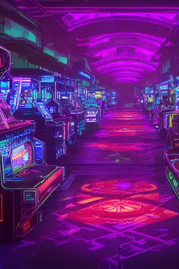 A dark photo of a full panoramic view an 80's aesthetics arcade at night, with a lot of functioning arcade machines, a vaporwave floor and some colorful tiles in between the floor. Purple aesthetics. Full panoramic view