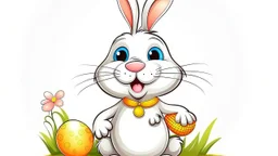 Fantasy cartoon illustration: a happy bunny is holding a basket full of chocolate treats