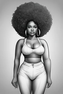 Create a coloring page of a beautiful curvy black female looking to the side with la curly afro. No shading, No color, define lines, clean lines