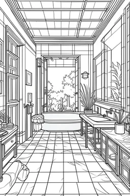 Outline art, house interior design, bathroom, no shading, no lines, cartoon style, --ar 9:11