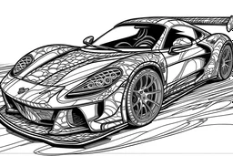 Visualize a black & white coloring book with thick contours & lTransform a sleek sports car into a dynamic ninja-inspired vehicle. Each image is intricately detailed, with bold & thick lines to make coloring a delightful experience, creating a dynamic fusion of Japanese-themed art coloring book.