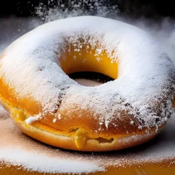 a large donut with an open mouth and marmalade spilling out, sprinkled with powdered sugar on top - a beautiful image for Fat Thursday