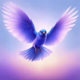 An illustration of a royal blue bird flying, spread wings, full body, soft and smooth glowing wings, soft feathers, macro lens, sharp focus, meticulously detailed, soft studio lighting, smooth blurred gradient evening purple background,