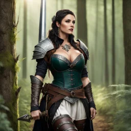 Veronica Gomez as a medieval attractive ranger with tattoos and doe eyes on the edge of the forest, she wears a large padded belt, a leather armour she uses as corset, a broad sword, a dagger, and her agent provocateur light dress below