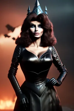 sophia loren as evil queen in black leather, angry, stern look, volumetric lighting, particales,highly detailed,cinematic, deep colours,8