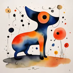 Draw me a dog watercolour in the style of **Joan Miro- Surrealism/Abstract Art:** - Miro's whimsical and poetic *Peaceful Harmony Color Palette:** - warm