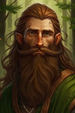 Gnom, braune lange wilde Haare, große, dicker Nase, gepflegter kinnlanger Bart, grüne Augen, schlank, hübsch, sehr jung, Druide, klein