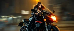 master oil painting by Rembrandt, good afternoon bitch scary hot seductive female riding sports bike with motion blur and smeared lights in the night, stylistic poster, in the style of total recall, huge bugrat in the background