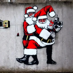 santa, banksy wall, camera