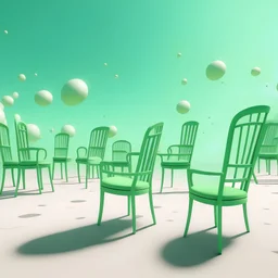 chaises vertes pastel,, flottent dans l'univers. Interstellaire noir