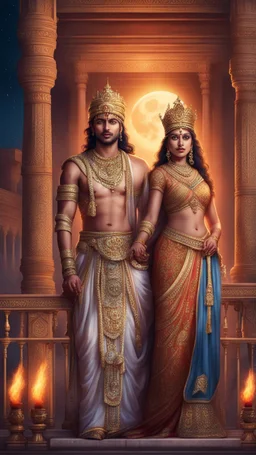 Hyper Realistic beautiful handsome Indian king & Queen standing on the balcony of an Indian palace at moon night with flame torches