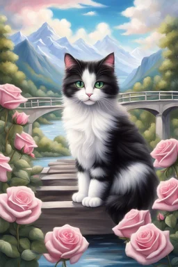 in the center: beautiful chunky fluffy black and white cats with green eyes sitting on a bridge, under the brigde flows a small blue river; background: landscape with mountains and white clouds, butterflys flying in the sky; first plan: pink roses;