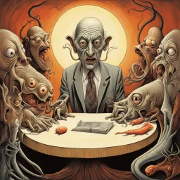 Scary stories of the absurdist interview, intimidating magister's looming behind interviewer desk, fish eye lens up shot, Dariusz Klimczak and Salvador Dali and Gerald Scarfe deliver a sinister surreal masterpiece, warm hues, warm color, weird, creepy, sharp focus, asymmetric, claustrophobic