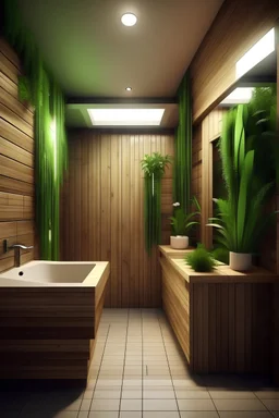 Generate a restroom only for visits. Made out of wood and light. With vegetation and plants.