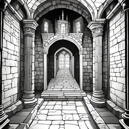 create a coloring book page of a looked room in a stony castle, black and white, high contrast